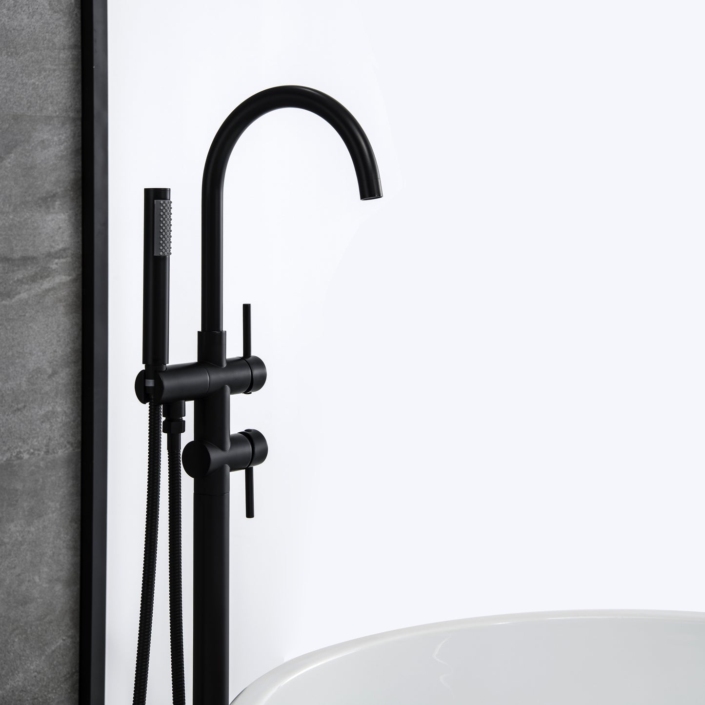 TrustMade Double Handle Freestanding Tub Filler with Handshower, Matte Black - R01