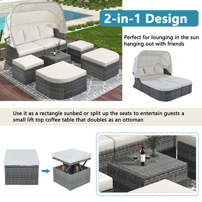 U_STYLE Outdoor Patio Furniture Set Daybed Sunbed with Retractable Canopy Conversation Set Wicker Furniture Sofa Set