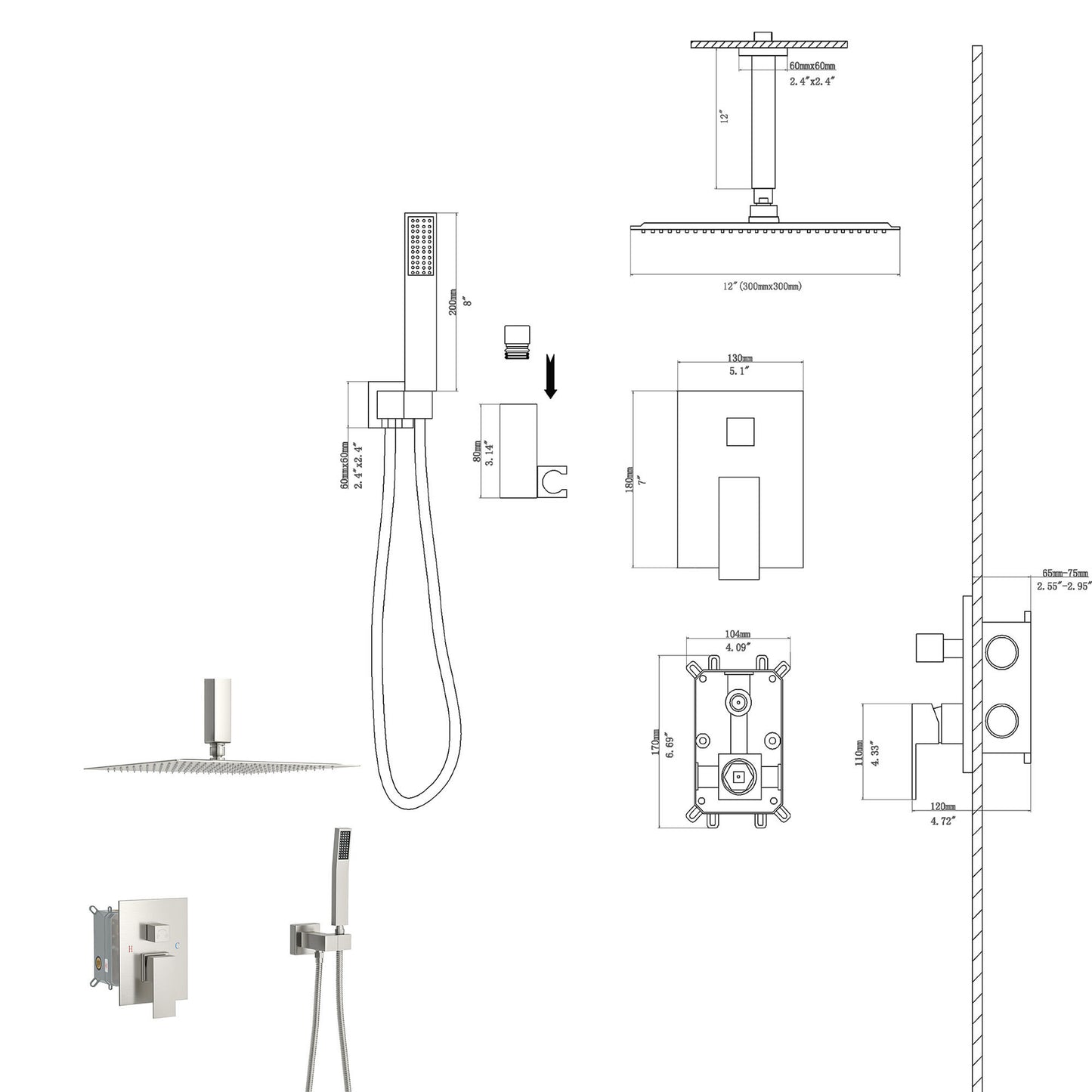 Ceiling shower set - 12 inch square shower set, Dual Shower Heads, Brushed Nickel