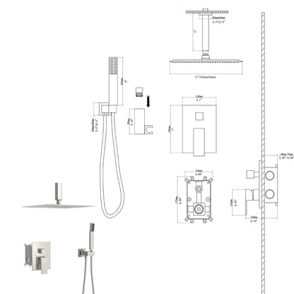 Ceiling shower set - 12 inch square shower set, Dual Shower Heads, Brushed Nickel