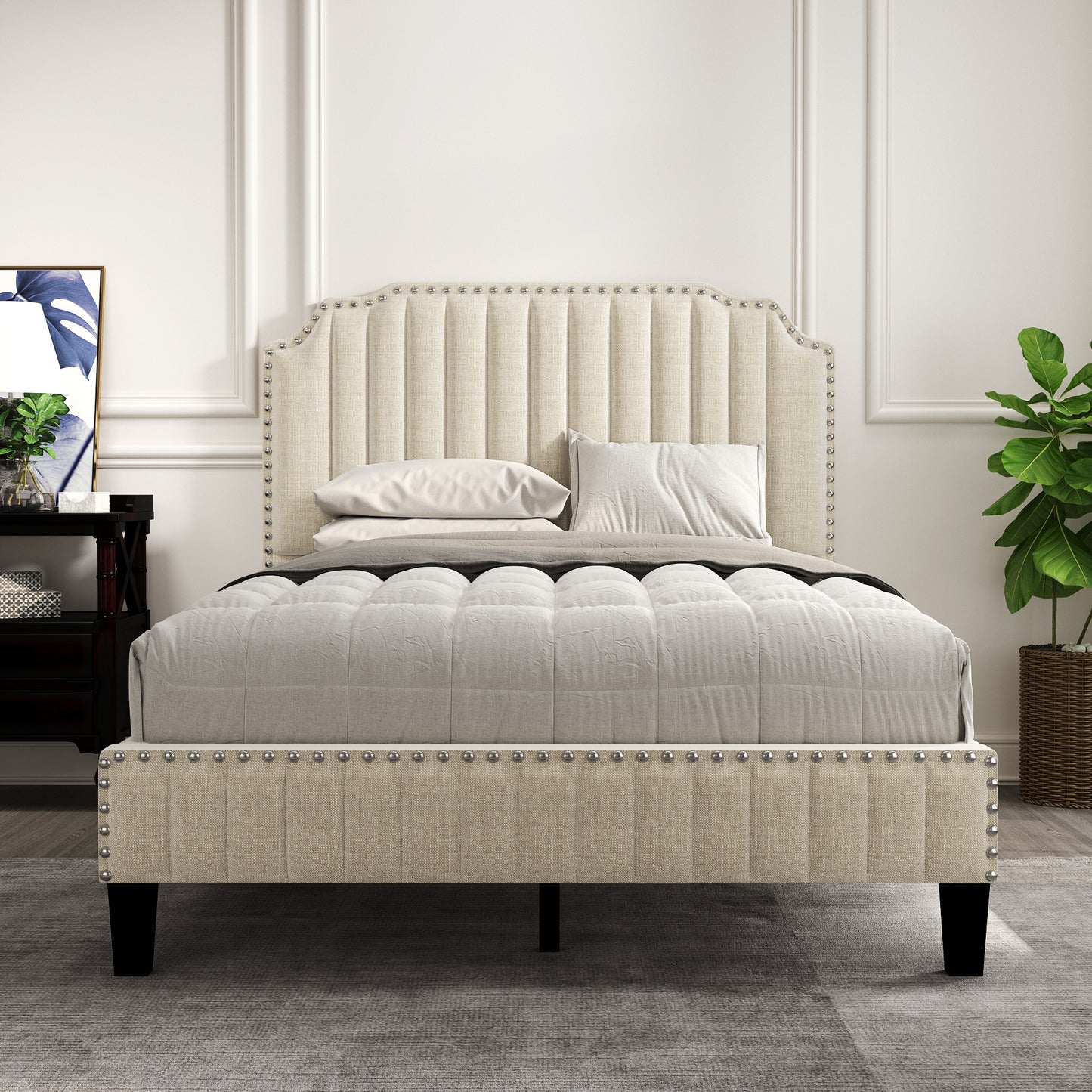 Modern Linen Curved Upholstered Platform Bed , Solid Wood Frame , Nailhead Trim, Cream (Full)