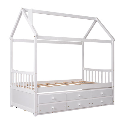 Twin size Wooden House Bed with Trundle and 3 Storage Drawers-White