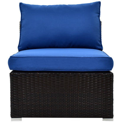 TOPMAX 6PCS Outdoor Patio Sectional All Weather PE Wicker Rattan Sofa Set with Glass Table, Blue Cushion+ Brown Wicker