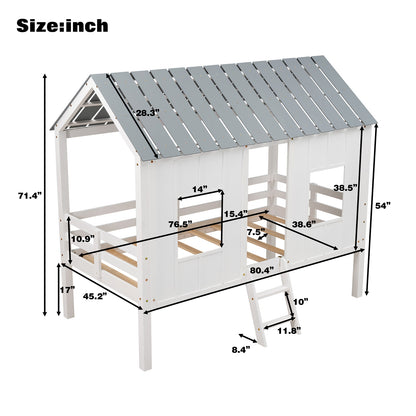 Twin Size Low Loft House Bed with Roof and Two Front Windows , White