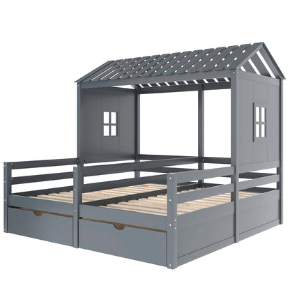 Twin Size House Platform Beds with Two Drawers for Boy and Girl Shared Beds, Combination of 2 Side by Side Twin Size Beds,Grey