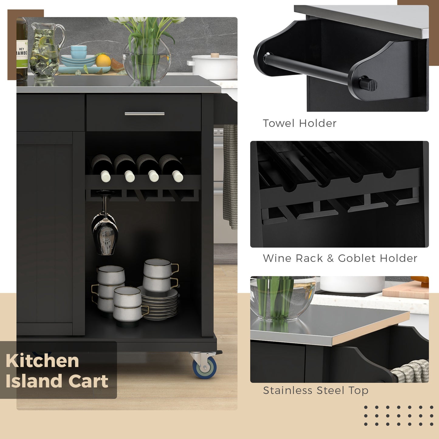 K&K Kitchen Cart with Stainless Steel Top and Storage Cabinet, Kitchen Island on Wheels with Two Drawers & Goblet Holder & Wine Rack & Spice Rack & Towel Holder, L51xW18xH37 Inches