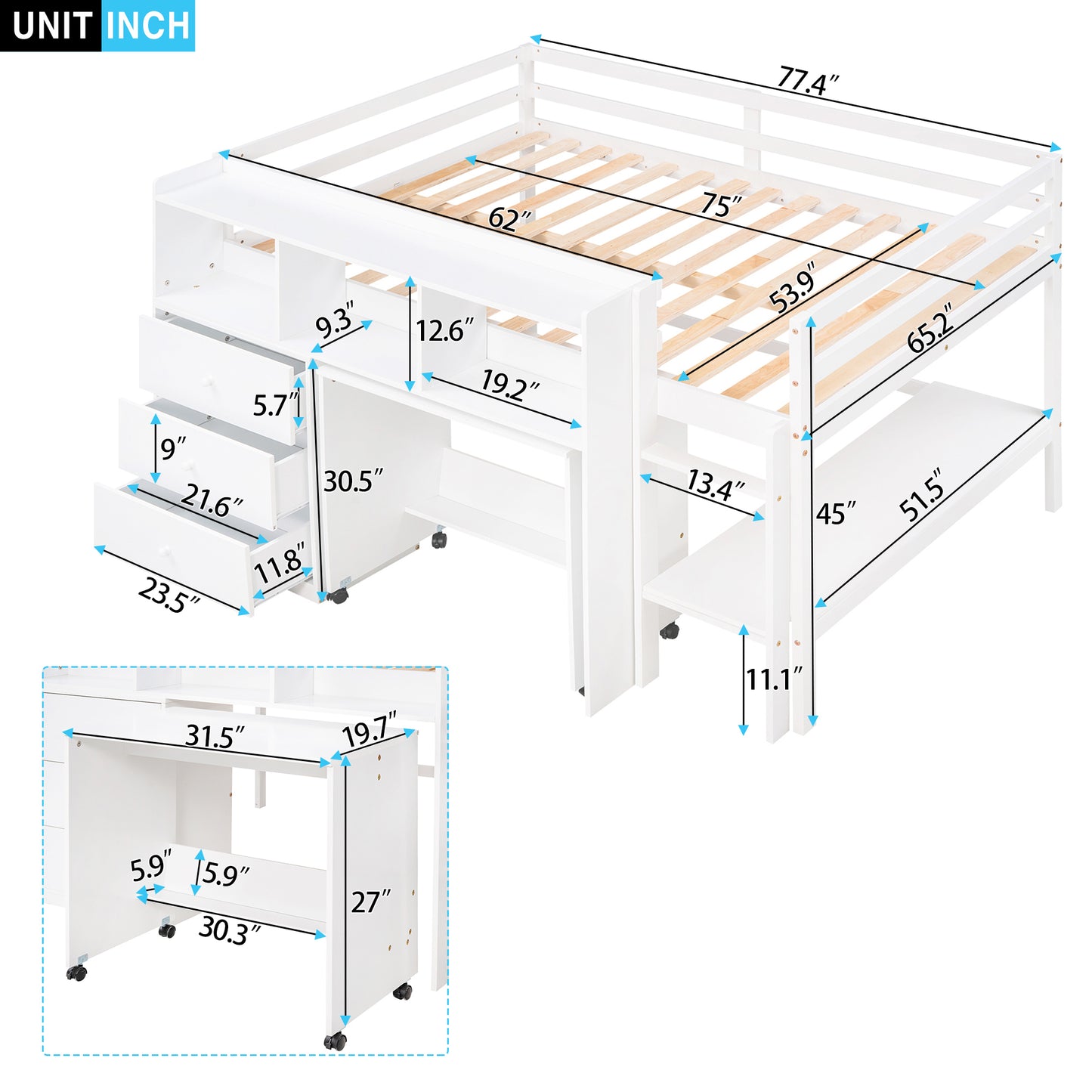 Full Size Low Loft Bed with Rolling Portable Desk, Drawers and Shelves,  White