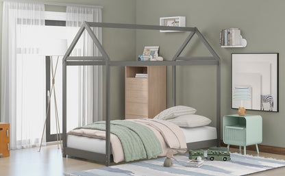 Twin Size Wooden House Bed, Gray(New)