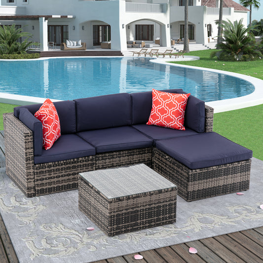 5Pcs Outdoor Garden Patio Furniture  PE Rattan Wicker  Sectional Cushioned Sofa Sets with 2 Pillows and Coffee Table