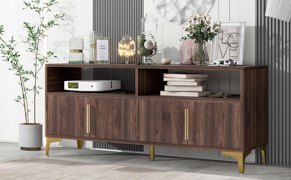 TREXM 58” L Sideboard with Gold Metal Legs and Handles Sufficient Storage Space Magnetic Suction Doors (Brown)