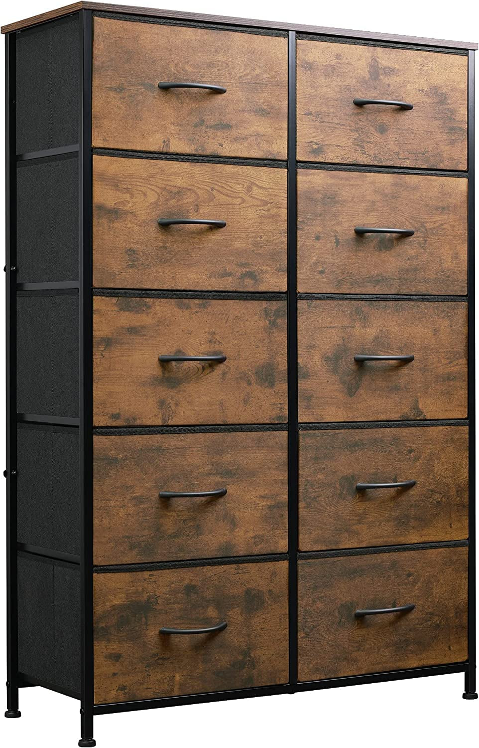 Tall Dresser for Bedroom with 10 Drawers, Chest of Drawers, Fabric Dresser for Nursery, Closets, Storage Organizer Unit with Fabric Bins, Steel Frame, Wood Top, Rustic Brown Wood Grain Print