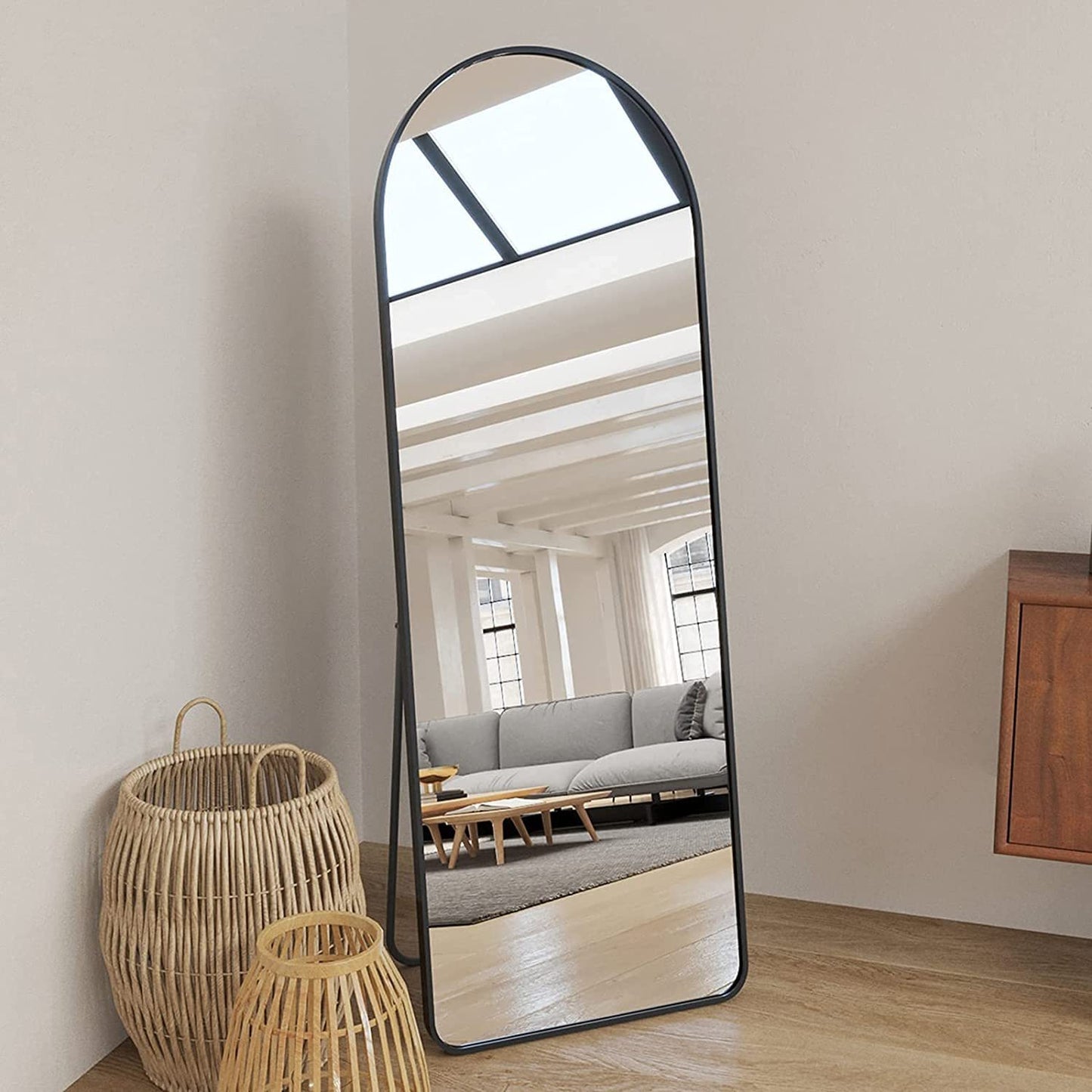 Full Length Wall Mirror - 63” x 20” Arched Free Standing Body Mirror , Black Metal Framed Large Floor Mirror for Bedroom, Modern Stand Up / Leaning Mirror
