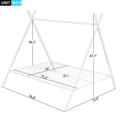 House Bed Tent Bed Frame Full Size Metal Floor Play House Bed with Slat for Kids Girls Boys , No Box Spring Needed White