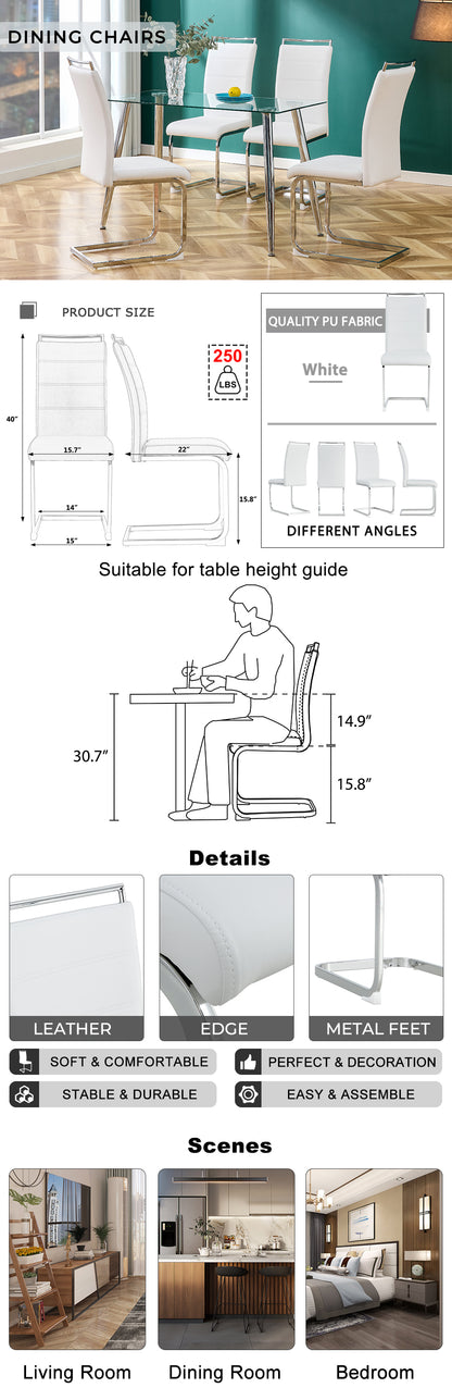 Modern Dining Chairs, PU Faux Leather High Back Upholstered Side Chair transverse stripe backrest design for Dining Room Kitchen Vanity Patio Club Guest Office Chair (Set of 4) ( White+PU)