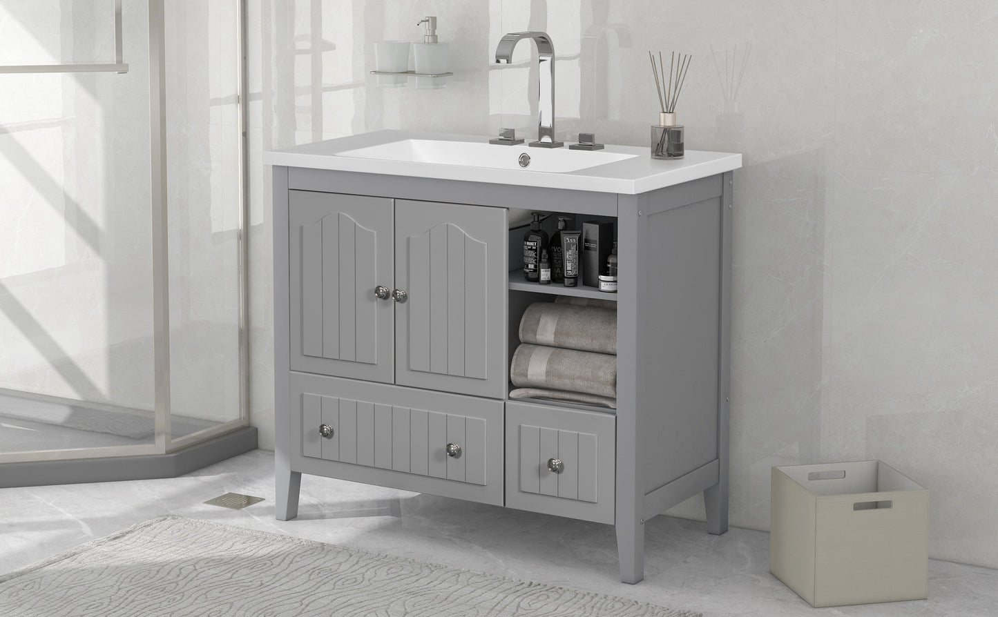 [VIDEO] 36" Bathroom Vanity with Ceramic Basin, Bathroom Storage Cabinet with Two Doors and Drawers, Solid Frame, Metal Handles, Grey