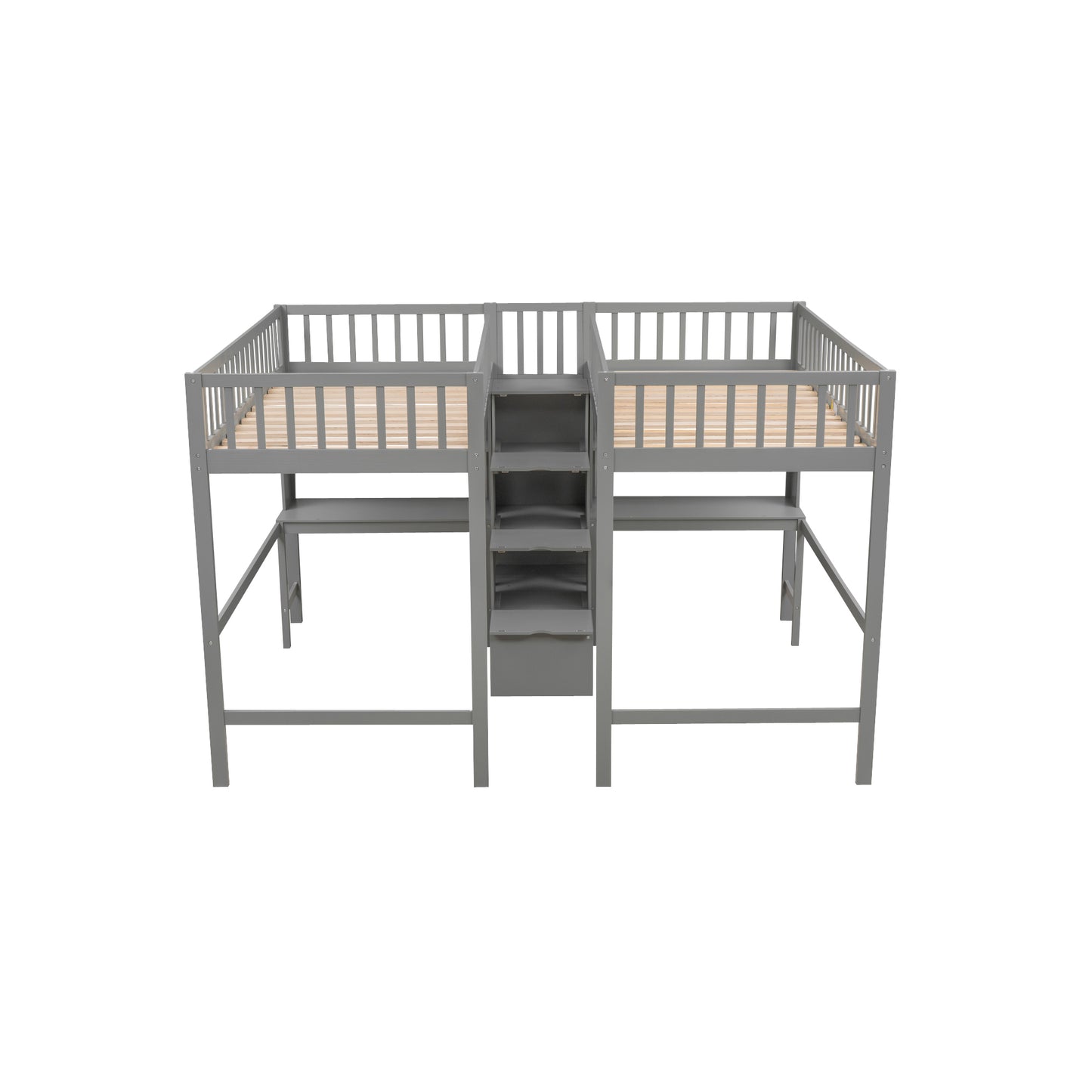 Twin & Twin Size Loft Bed with 2 Built-in Desks and Shelves, Storage Staircase, Gray