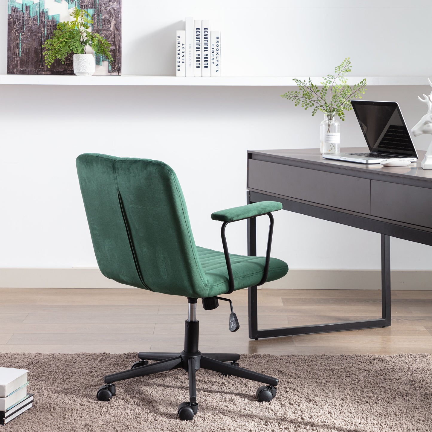 Mid-Back Desk Chair,Velvet Executive Swivel Office Chair with black Frame ,Swivel Arm Chair For Home Office(Green)