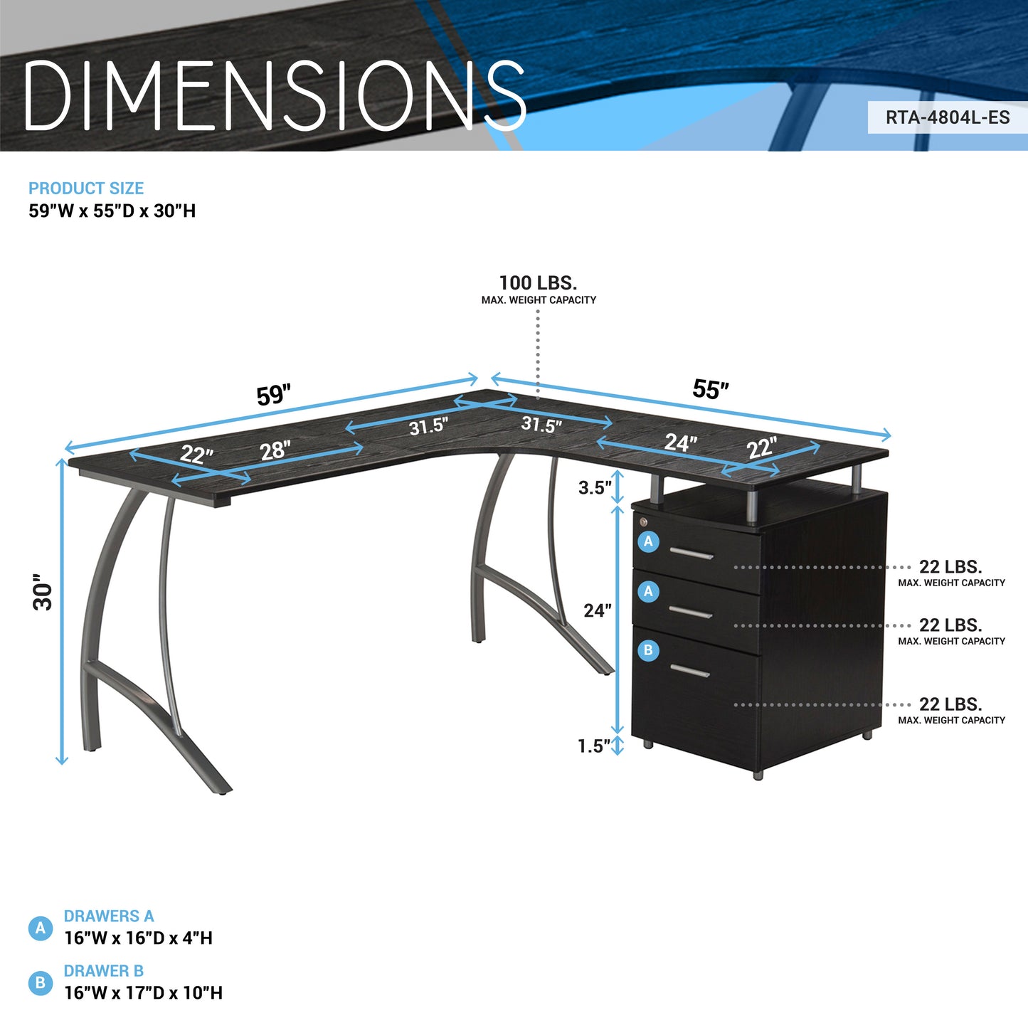 Techni Mobili Modern L- Shaped Computer Desk with File Cabinet and Storage, Espresso