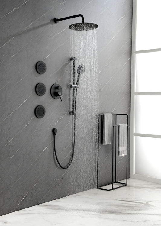 Shower System with Shower Head, Hand Shower, Slide Bar, Bodysprays, Shower Arm, Hose, Valve Trim, and Lever Handles