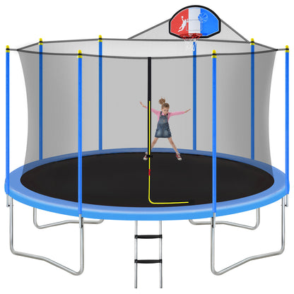 14FT Trampoline for Kids with Safety Enclosure Net, Basketball Hoop and Ladder, Easy Assembly Round Outdoor Recreational Trampoline