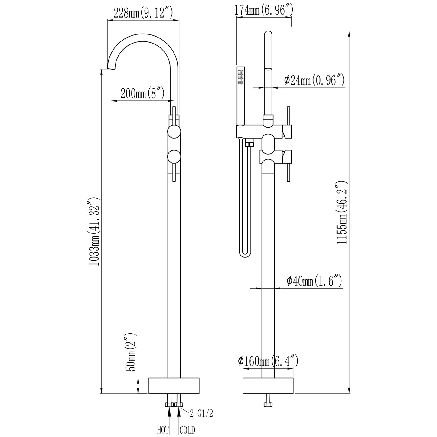 Double Handle Floor Mounted Freestanding Tub Filler