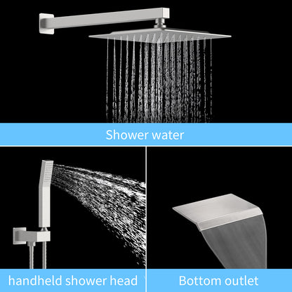 Rain Shower System Brushed Nickel Tub Shower Faucet Set 10 Inch Square Rainfall Shower Head with Handheld Sprayer and Waterfall Tub Spout Pressure Balance Rough-in Valve Shower Mixer Combo