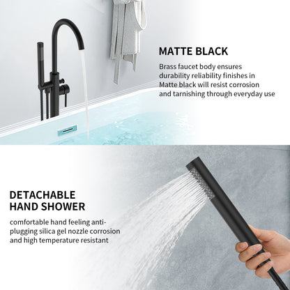 Freestanding Bathtub Faucet Tub Floor Mount Bathroom Faucets Brass Single Handle with Hand Shower High Flow Rate Max 6 GPM (Matte Black)