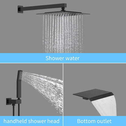 Rain Mixer Shower Faucet Set with Waterfall Tub Spout 10 inch Square Rainfall Shower Head with Handheld Spray Matte Black Wall Mounted Pressure Balance Rough-in Valve and Trim Included