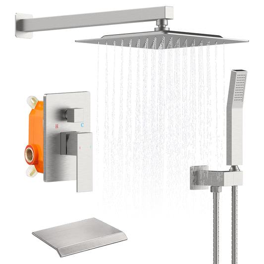 Rain Shower System Brushed Nickel Tub Shower Faucet Set 10 Inch Square Rainfall Shower Head with Handheld Sprayer and Waterfall Tub Spout Pressure Balance Rough-in Valve Shower Mixer Combo