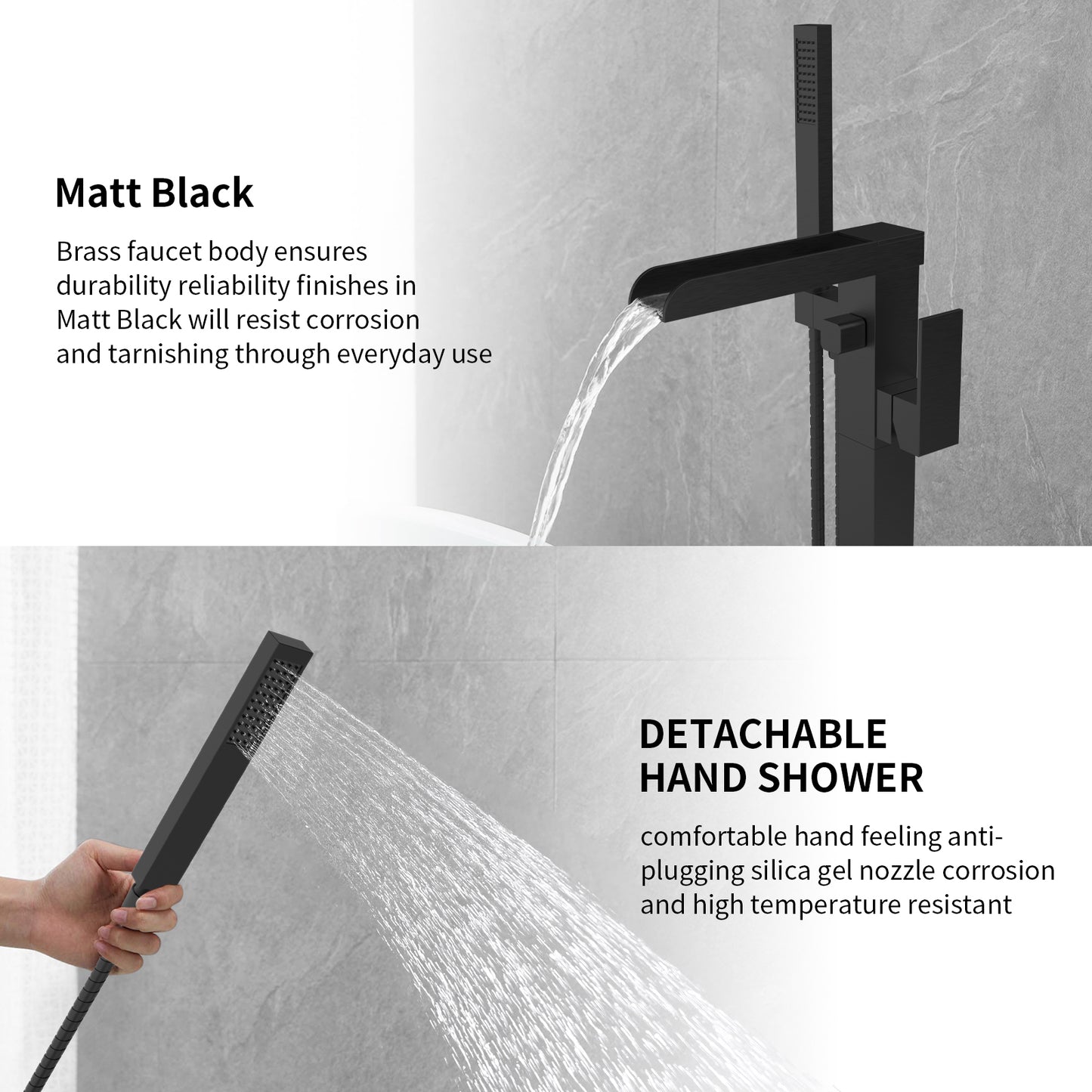 Thermostatic Freestanding Bathtub Faucet Waterfall Tub Filler Black Floor Mount Brass Bathroom Faucets with Hand Shower