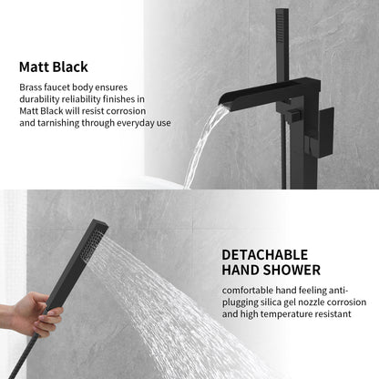 Thermostatic Freestanding Bathtub Faucet Waterfall Tub Filler Black Floor Mount Brass Bathroom Faucets with Hand Shower