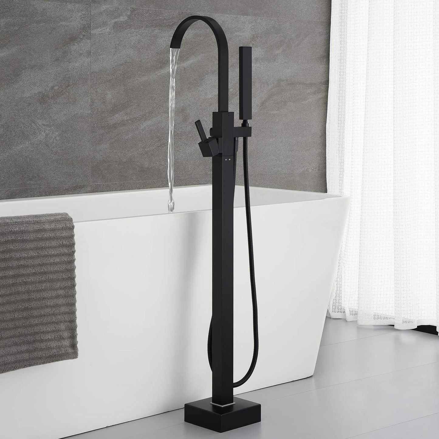 Freestanding Bathtub Tub Filler Matte Black Floor Mount Faucet with Handheld Shower with 60’’ Shower Hose