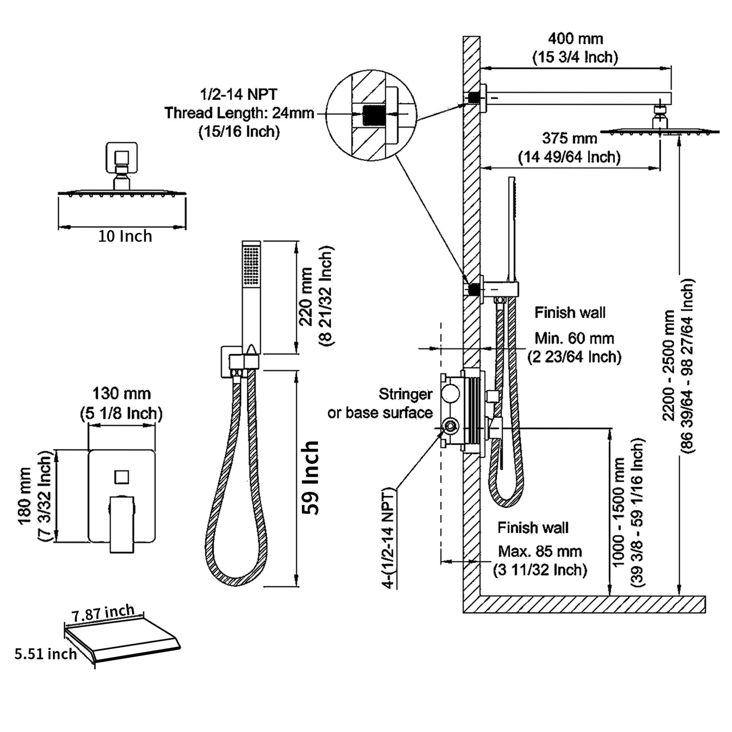 Rain Mixer Shower Faucet Set with Waterfall Tub Spout 10 inch Square Rainfall Shower Head with Handheld Spray Matte Black Wall Mounted Pressure Balance Rough-in Valve and Trim Included