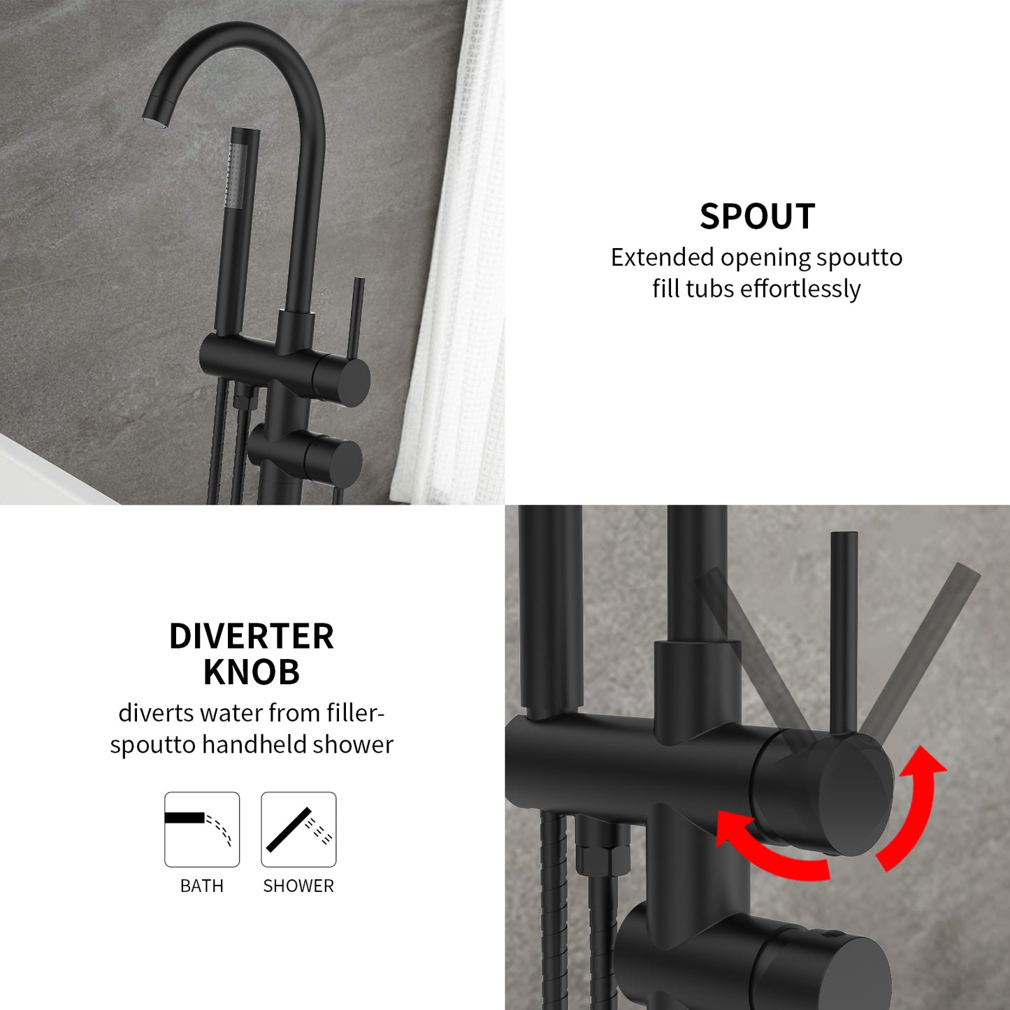 Floor Mount Bathtub Faucet Freestanding Tub Filler Matte Black Standing High Flow Shower Faucets with Handheld Shower Mixer Taps Swivel Spout