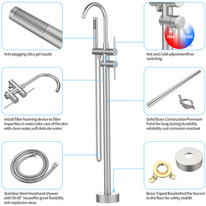 Floor Mount Bathtub Faucet Freestanding Tub Filler Brushed Nickel Standing High Flow Shower Faucets with Handheld Shower Mixer Taps Swivel Spout