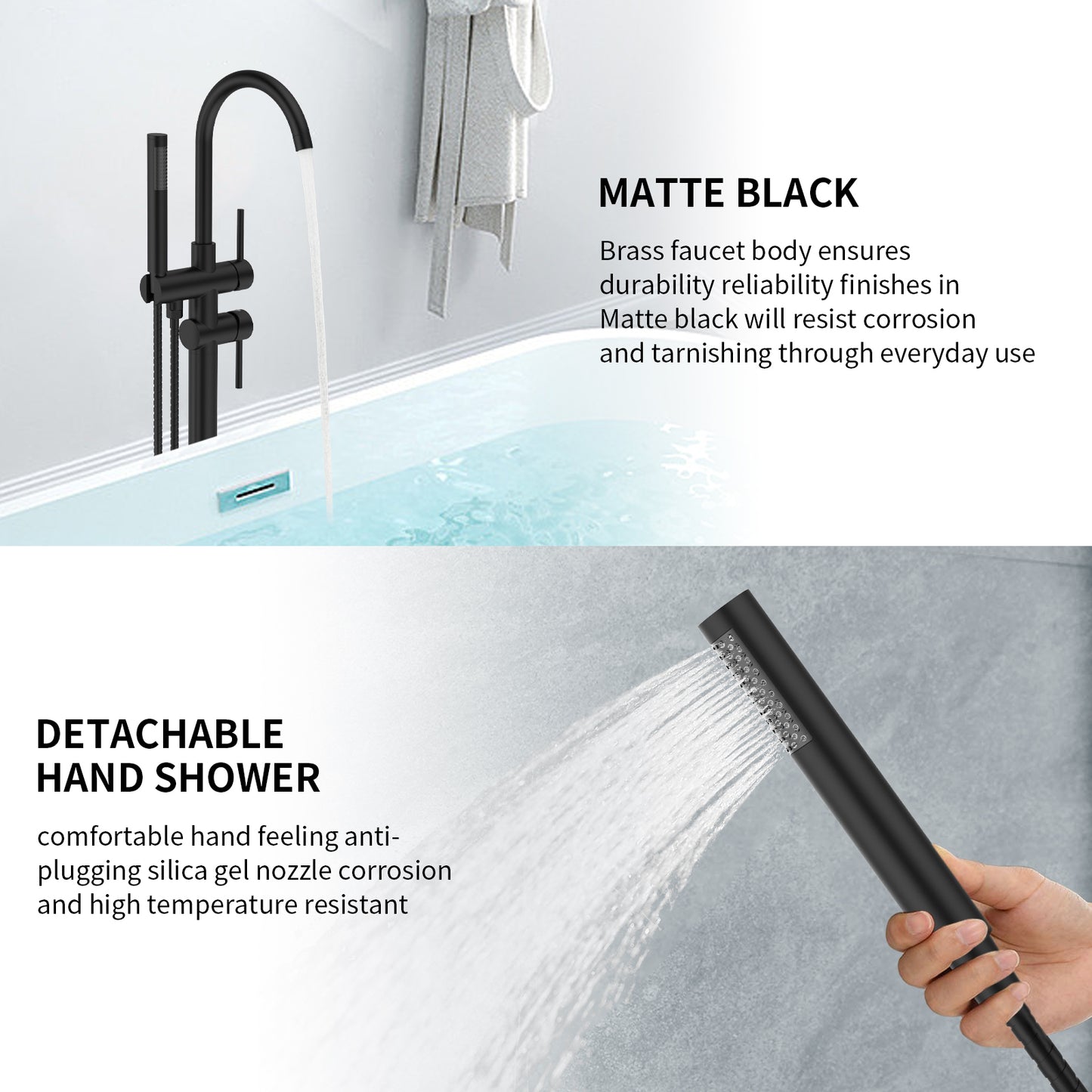 Floor Mount Bathtub Faucet Freestanding Tub Filler Matte Black Standing High Flow Shower Faucets with Handheld Shower Mixer Taps Swivel Spout