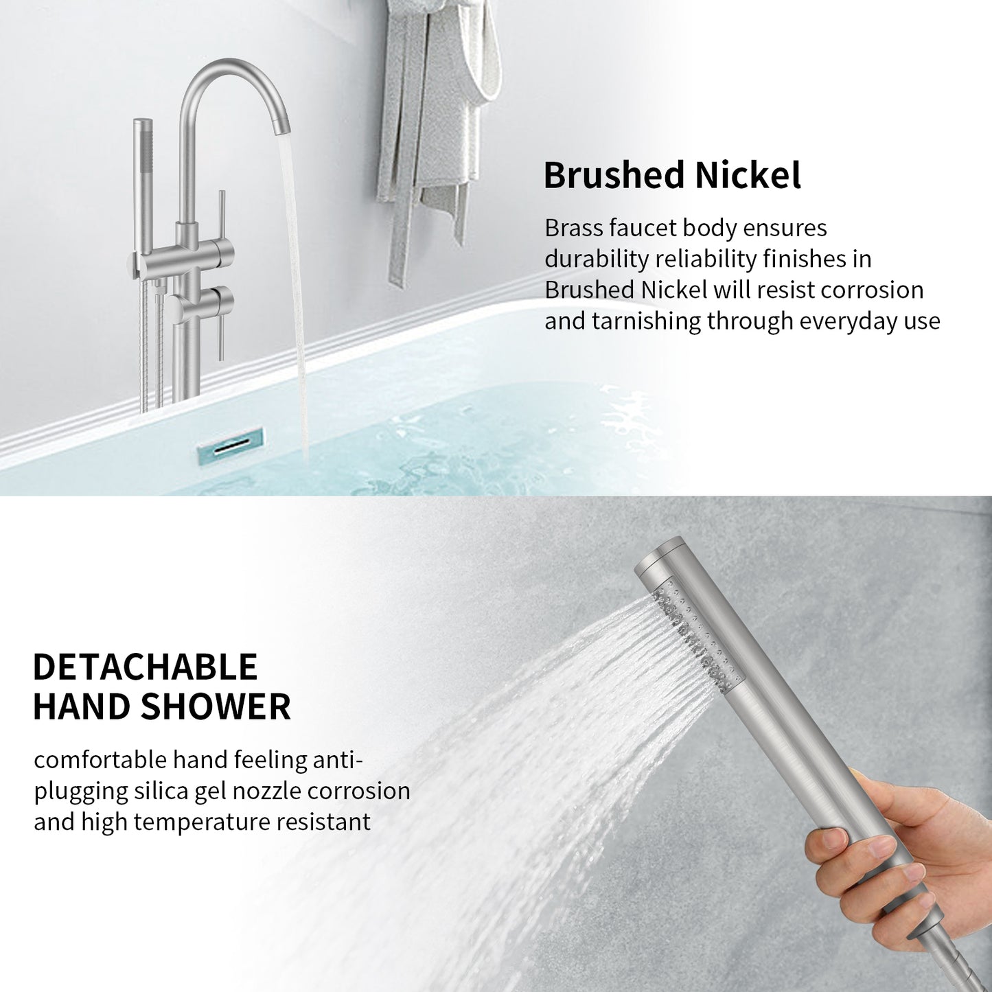 Floor Mount Bathtub Faucet Freestanding Tub Filler Brushed Nickel Standing High Flow Shower Faucets with Handheld Shower Mixer Taps Swivel Spout