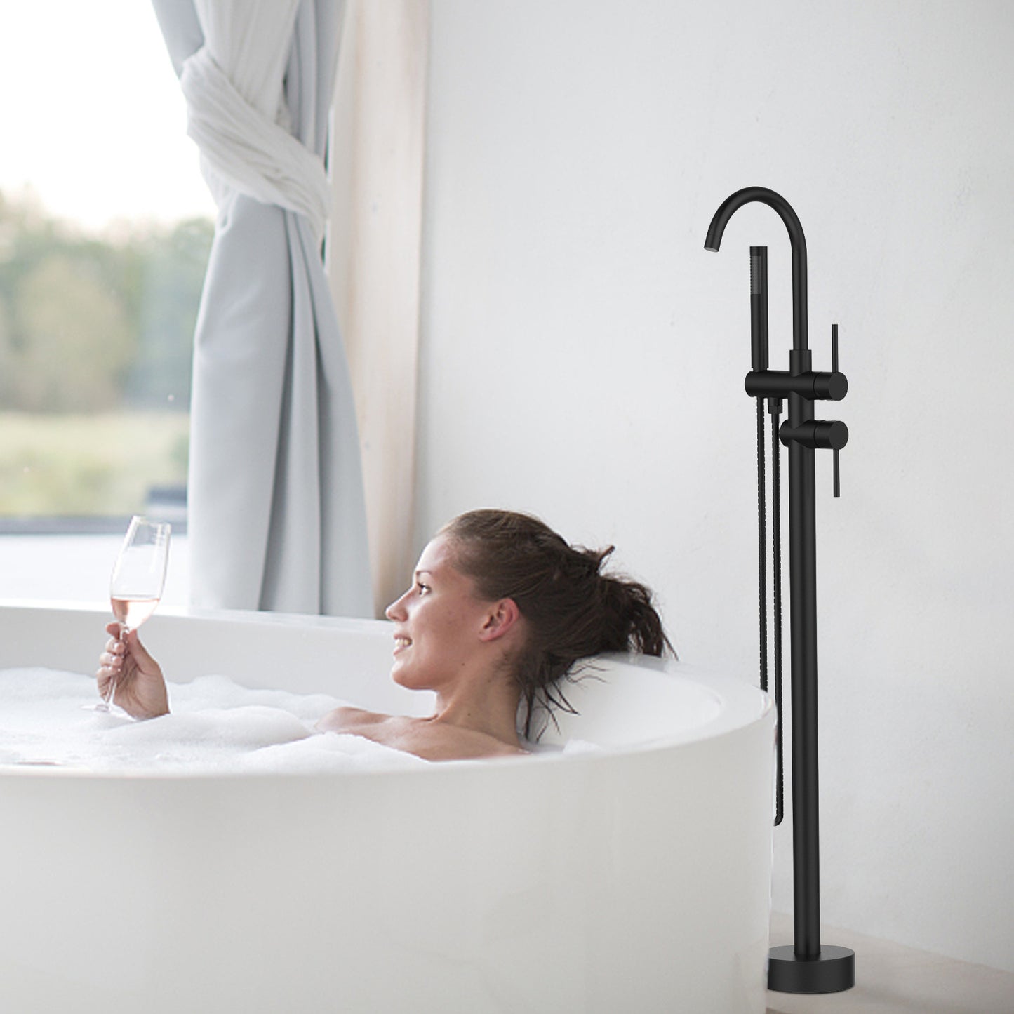 Floor Mount Bathtub Faucet Freestanding Tub Filler Matte Black Standing High Flow Shower Faucets with Handheld Shower Mixer Taps Swivel Spout