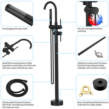 Floor Mount Bathtub Faucet Freestanding Tub Filler Matte Black Standing High Flow Shower Faucets with Handheld Shower Mixer Taps Swivel Spout