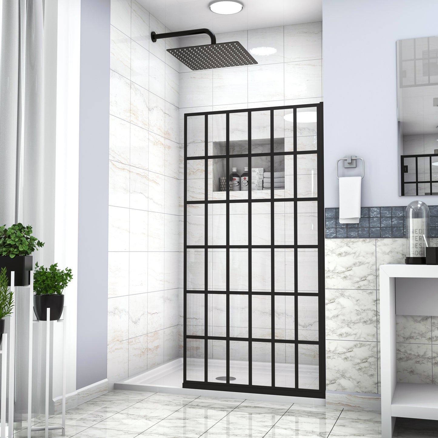 Shower Door 38" W x 72" H Single Panel Frameless Fixed Shower Door, Open Entry Design in Matte Black