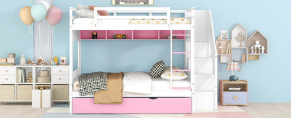 Full Over Full Bunk Bed with Trundle ,Stairs,Ladders Solid Wood Bunk bed with Storage Cabinet （White + Pink）