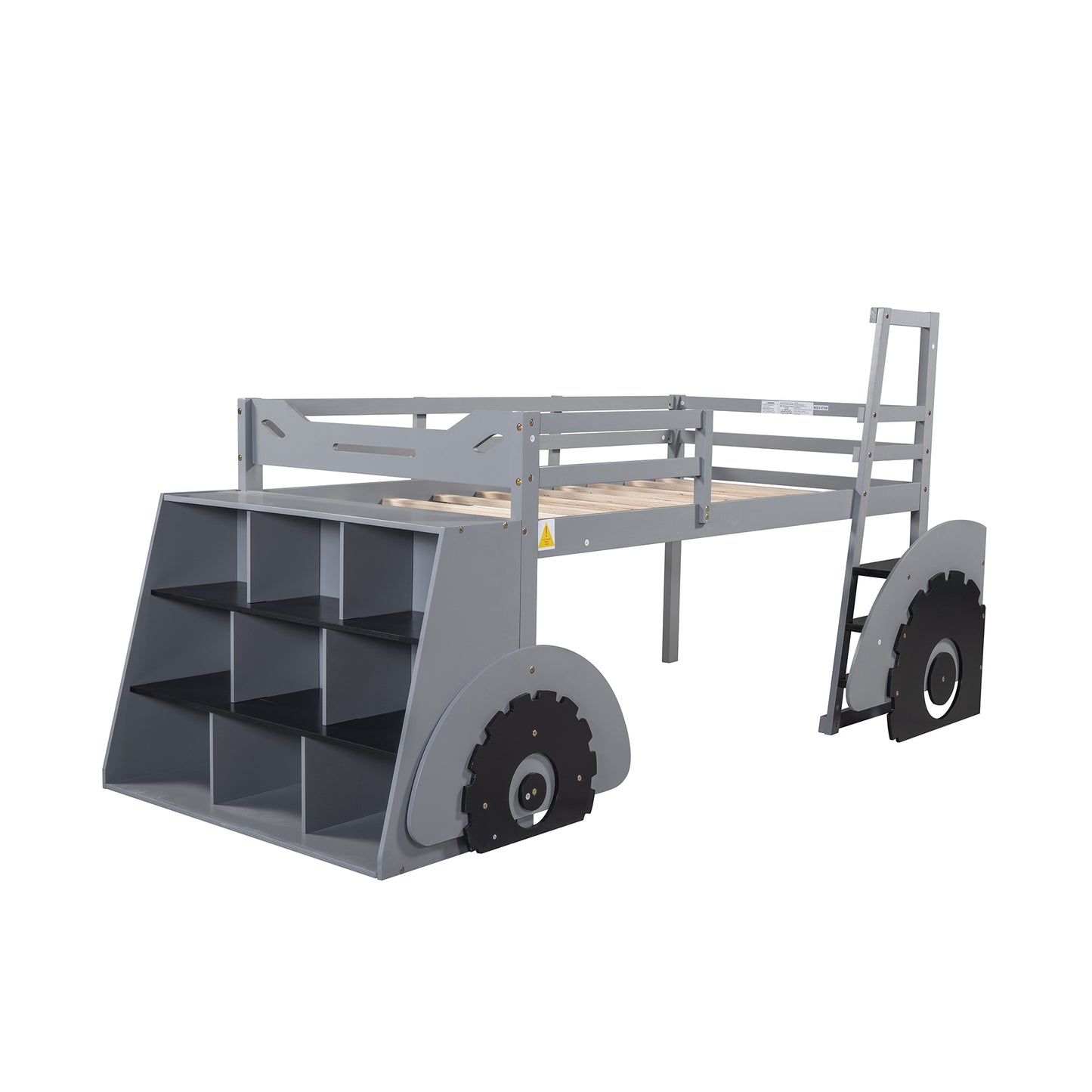 Twin Size Forklift Car-Shaped Loft Bed with Storage Shelves,Gray