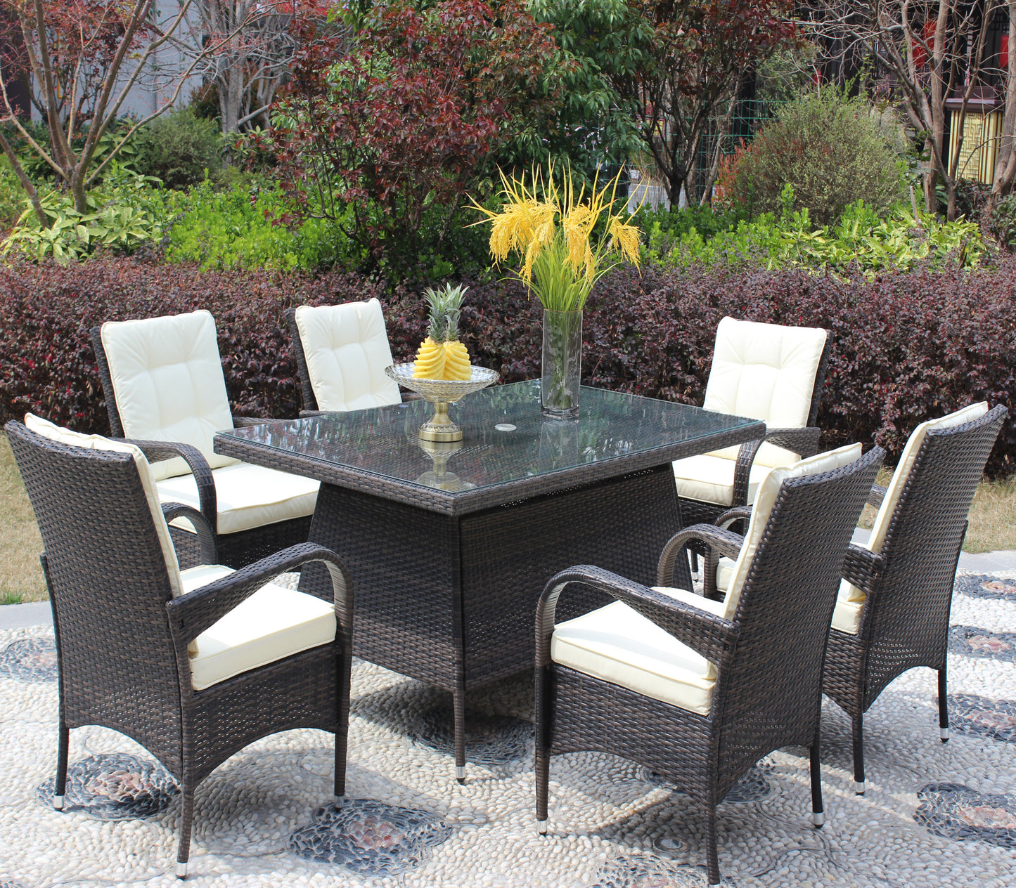 Patio 7-Piece Rectangular Dining Set with 6 Dining Chairs (Brown &Beige Cushion )