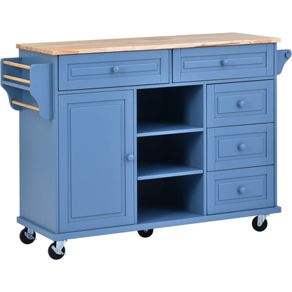 K&K kitchen cart with Rubber wood desktop rolling mobile kitchen island with storage and 5 draws 53 Inch width （Blue）