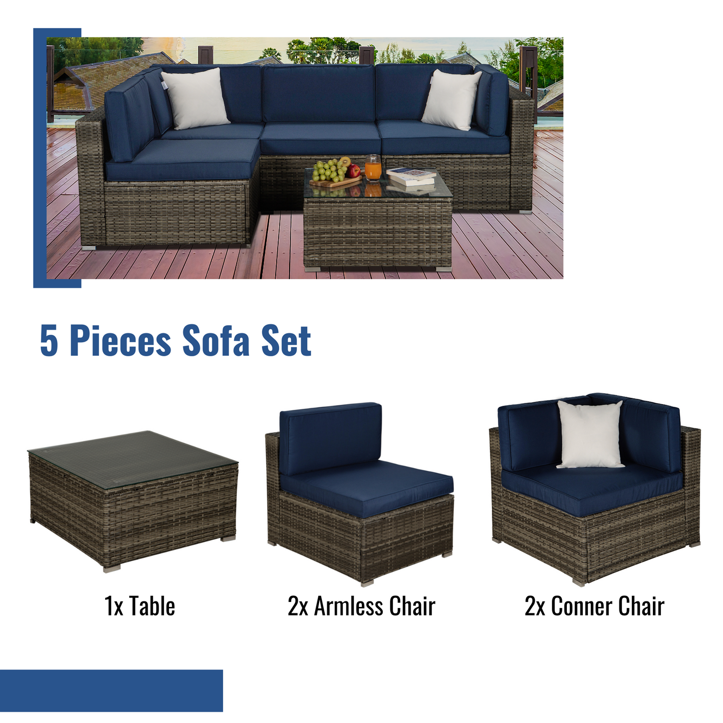 Outdoor Garden Patio Furniture 5-Piece Dark Gray PE Rattan Wicker Sectional Navy Cushioned Sofa Sets with 2 Begie Pillows