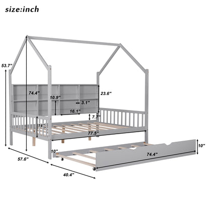 Wooden Full Size House Bed with Trundle,Kids Bed with Shelf, Gray