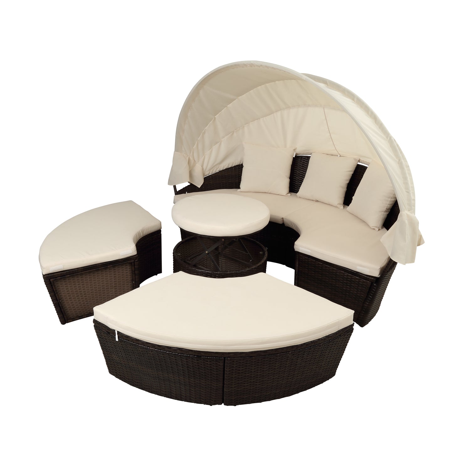 TOPMAX Patio Furniture Round Outdoor Sectional Sofa Set Rattan Daybed Sunbed with Retractable Canopy, Separate Seating and Removable Cushion (Beige)