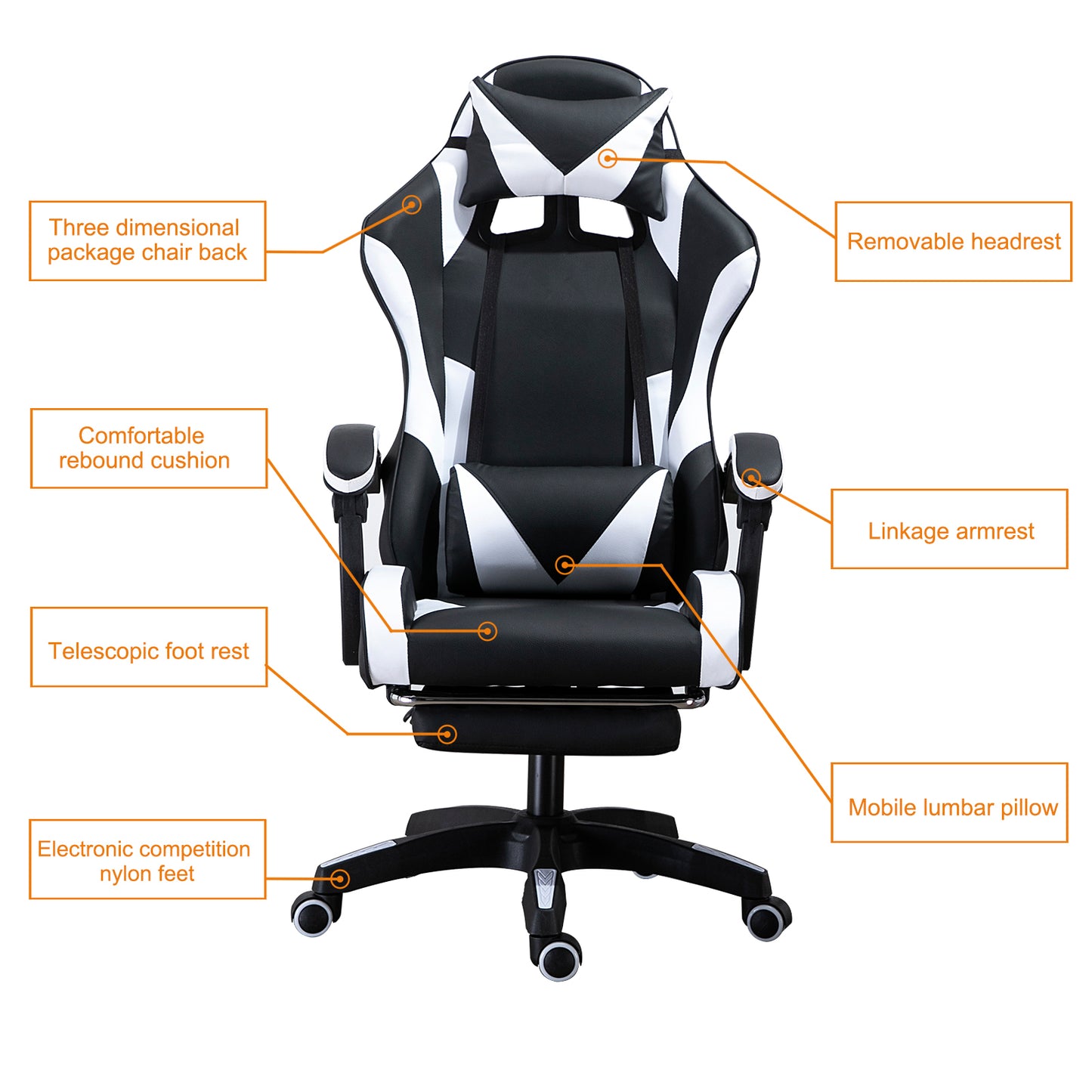 PU gaming chair, swivel recliner with adjustable backrest and seat height, high back gaming chair with footrest, office chair with 360° swivel, suitable for office or gaming