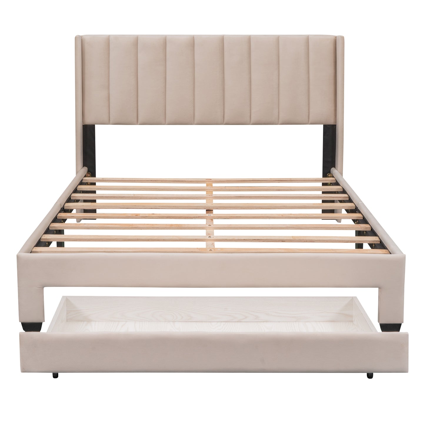 Queen Size Storage Bed Velvet Upholstered Platform Bed with a Big Drawer - Beige