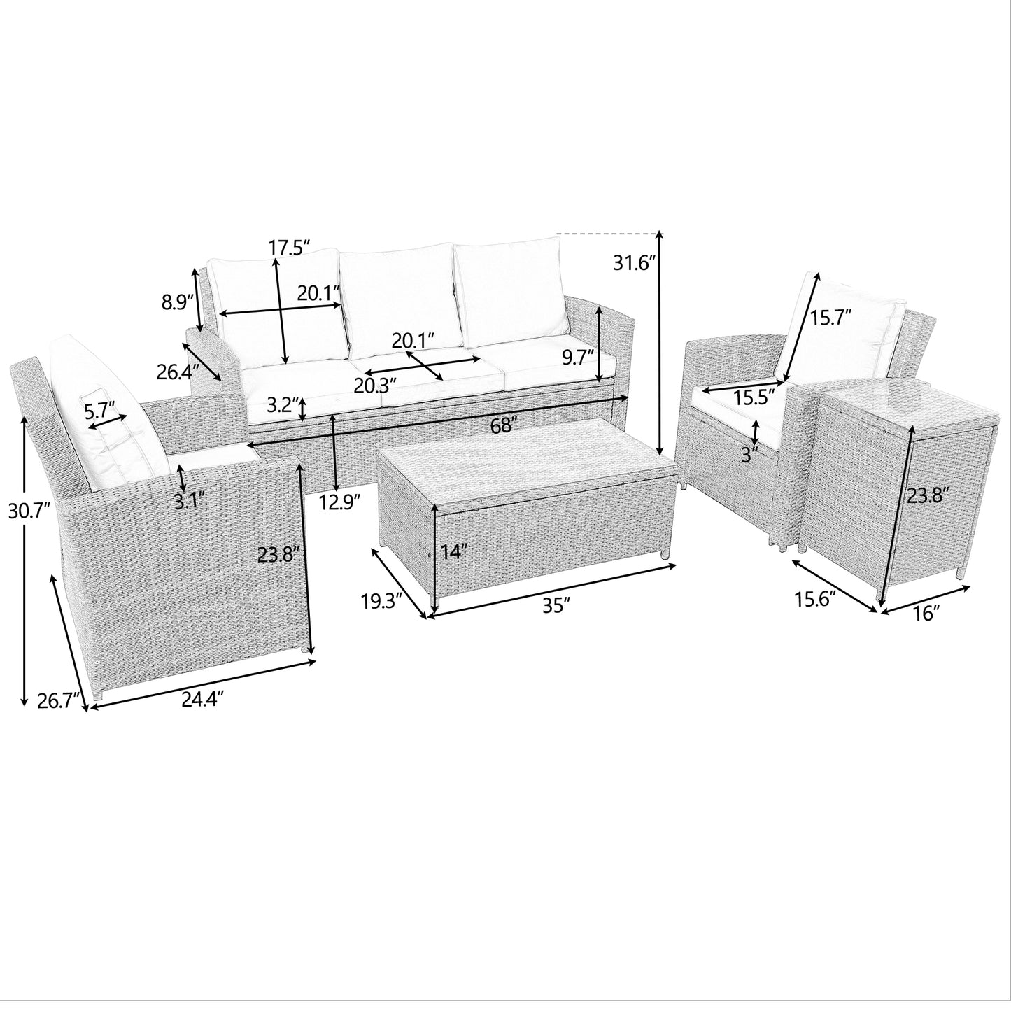 U_Style 5 Piece Rattan Sectional Seating Group with Cushions and table, Patio Furniture Sets, Outdoor Wicker Sectional